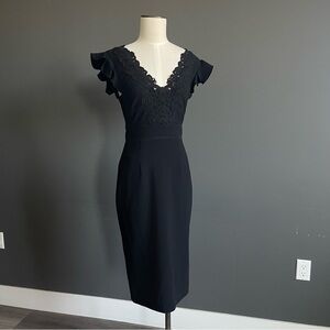 Rebecca Taylor Black Lace Midi Dress Feminine LBD Cocktail Party Wedding Event